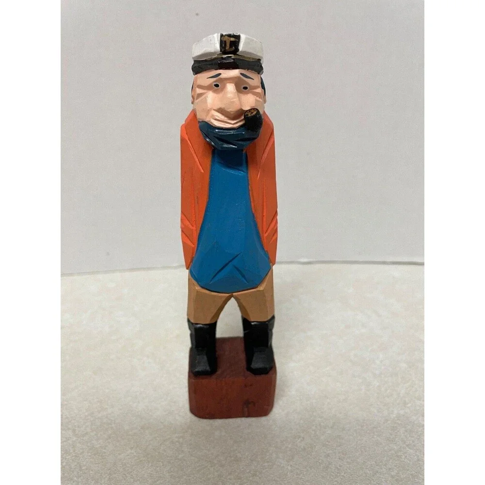 Vintage 2 Nautical Folk Art Hand Carved Painted Wood Figures Sailor Fisherman